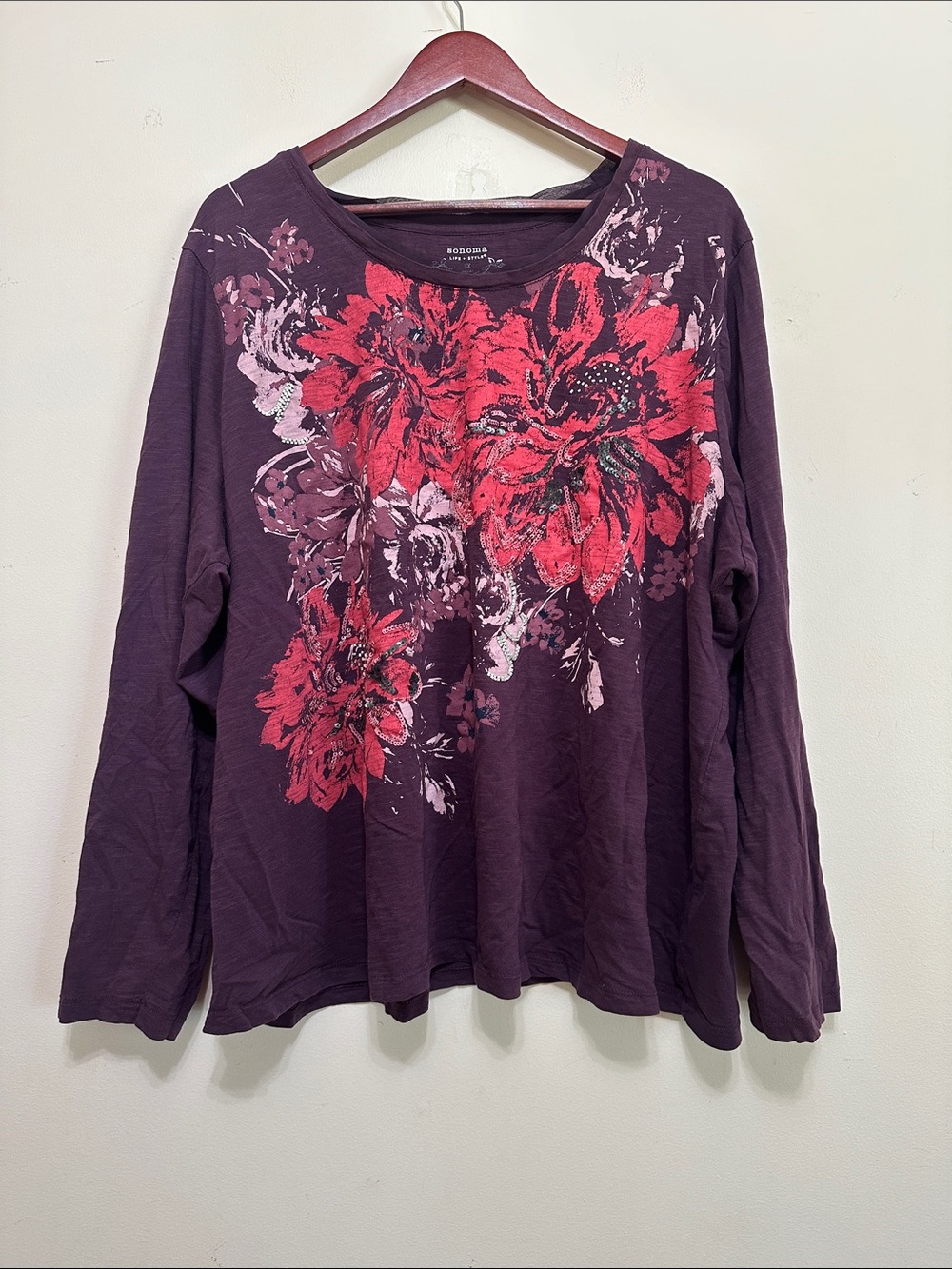 Sonoma Plum Long-Sleeve Tee with Red Floral Print
